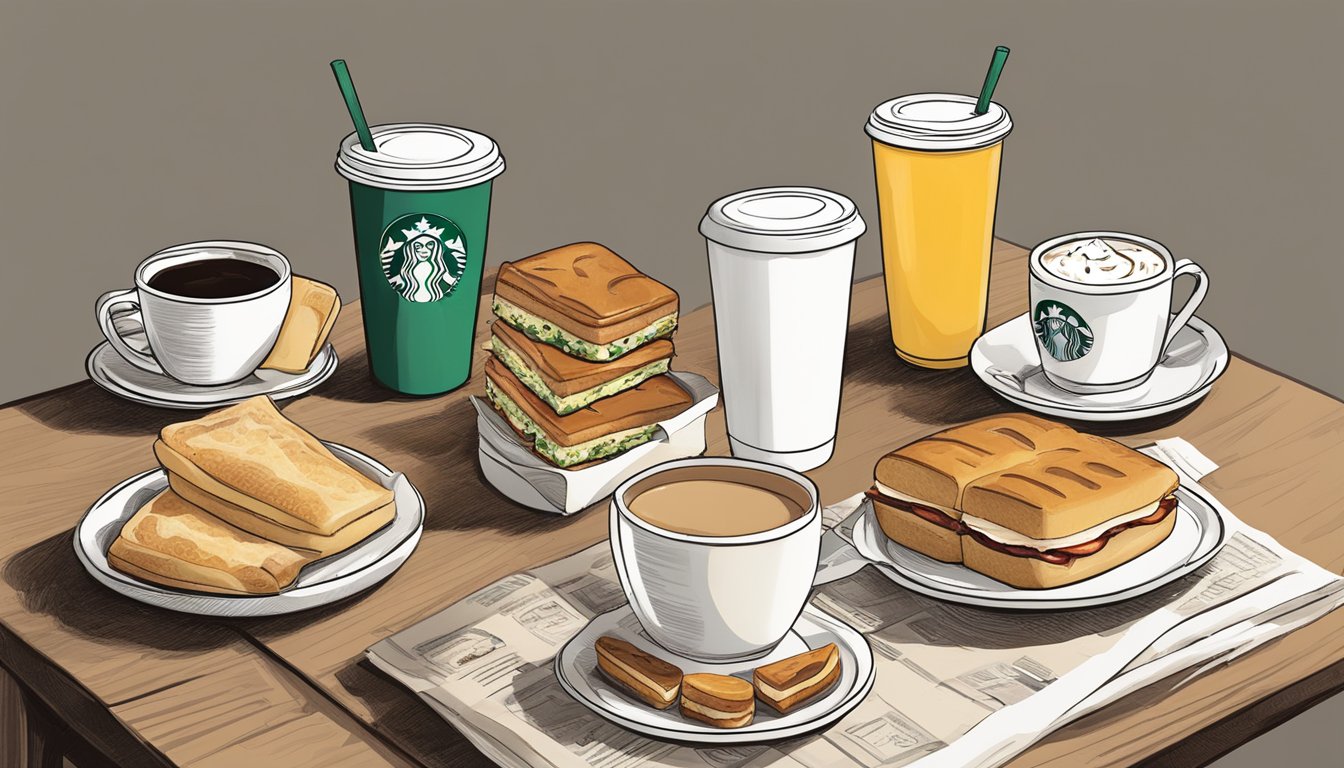 A table spread with an assortment of Starbucks breakfast items, including sandwiches, pastries, and yogurt parfaits, with a cup of coffee and a newspaper nearby