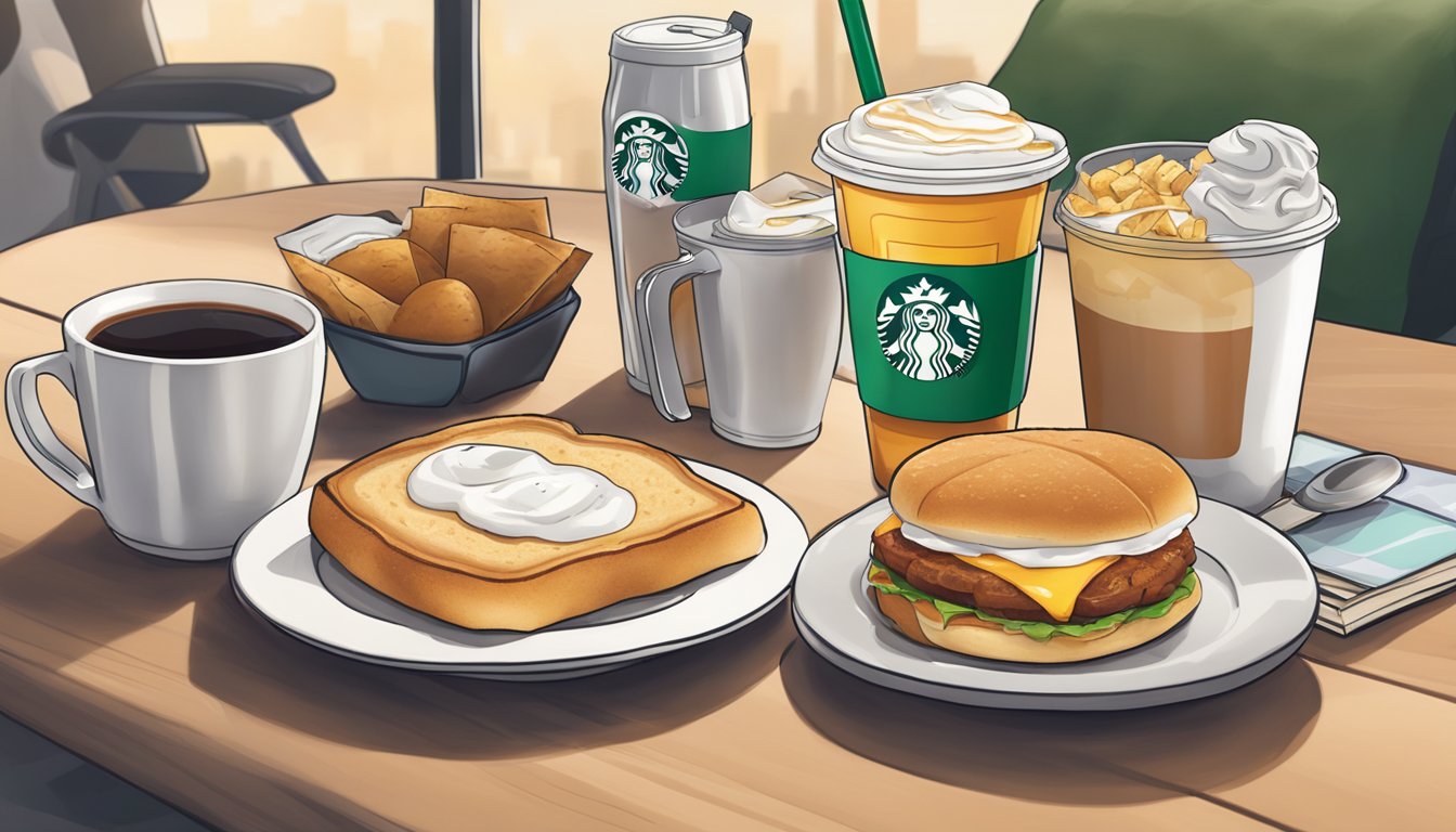 A table set with Starbucks breakfast items and assorted beverages, with a commuter bag nearby