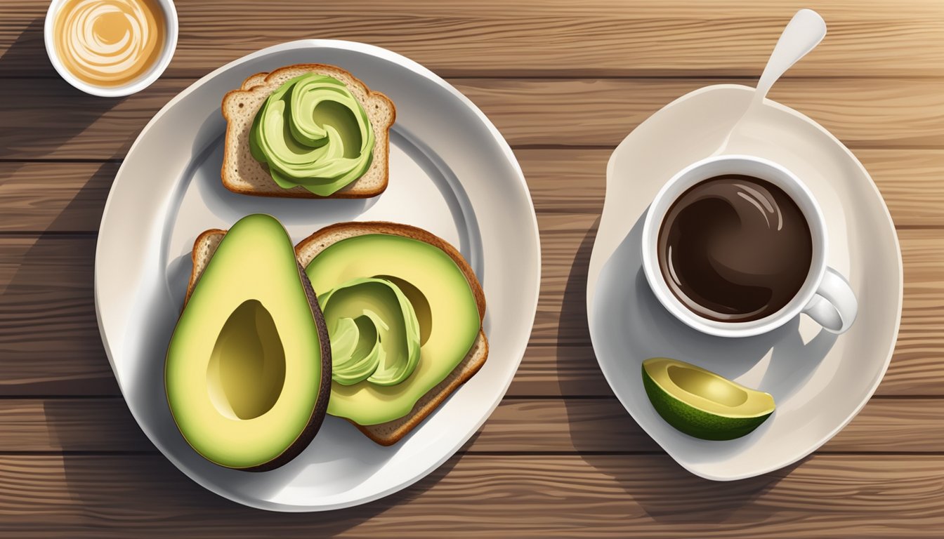 A plate with avocado spread on sourdough bread next to a cappuccino on a wooden table