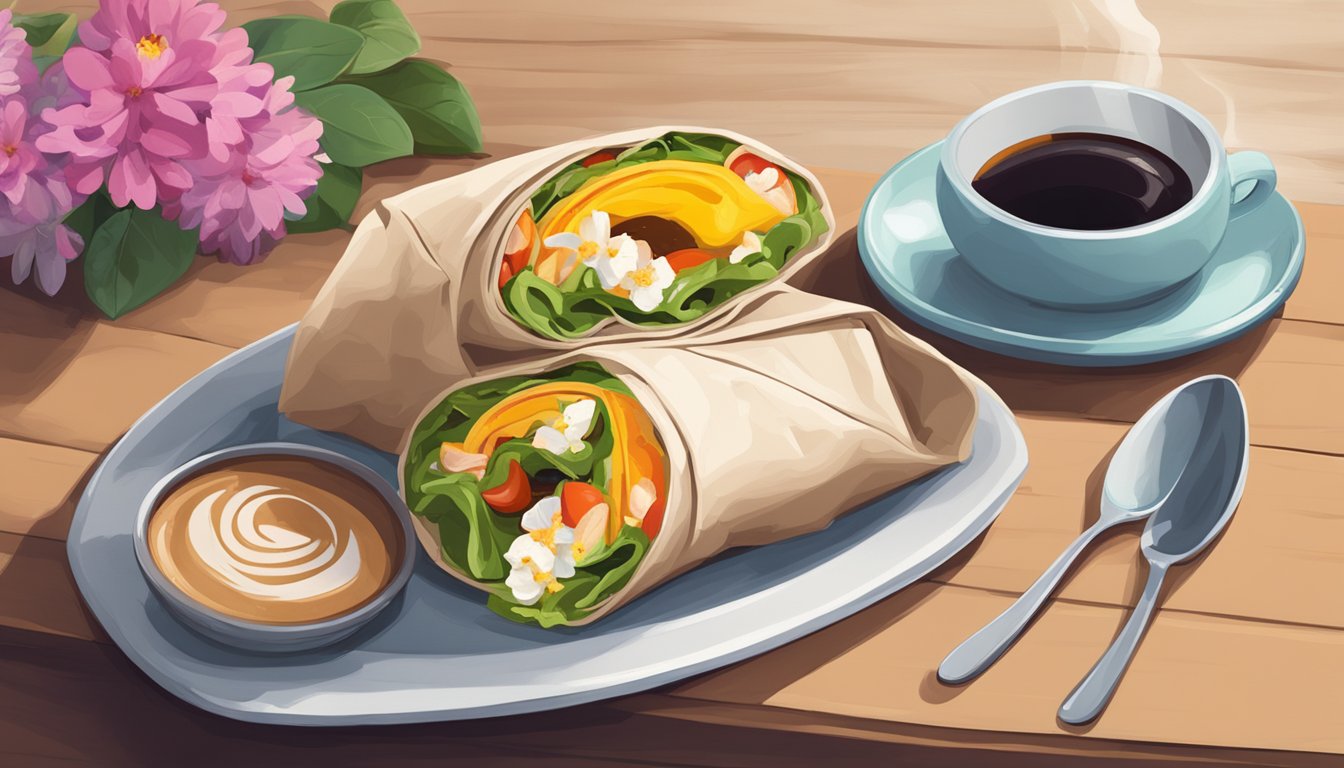 A breakfast wrap and coffee on a wooden table with a napkin and a small vase of flowers