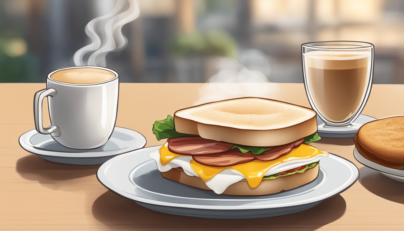 A breakfast sandwich and latte sit on a table, steam rising from the drink. The sandwich is neatly arranged with turkey bacon, egg white, and an English muffin