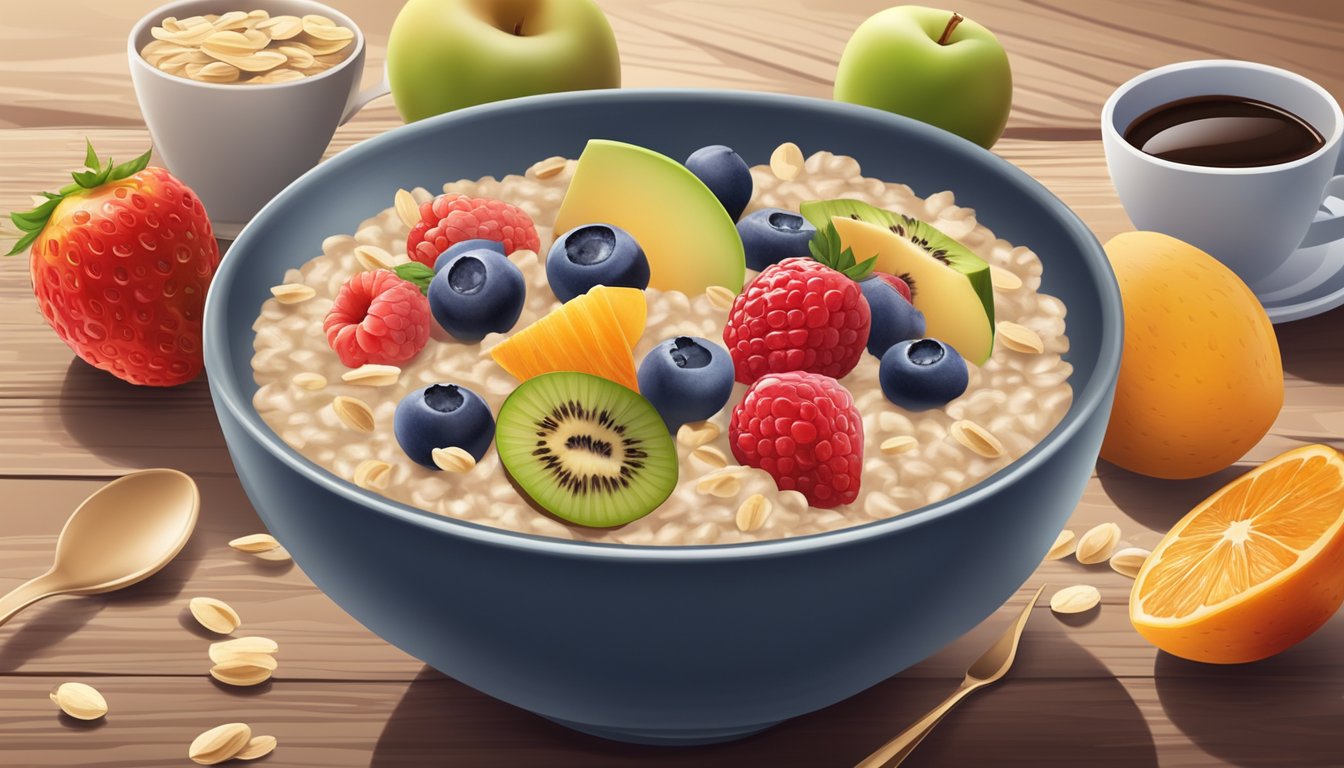 A bowl of oatmeal with a variety of healthy toppings, surrounded by colorful fruits and a steaming cup of coffee on a wooden table