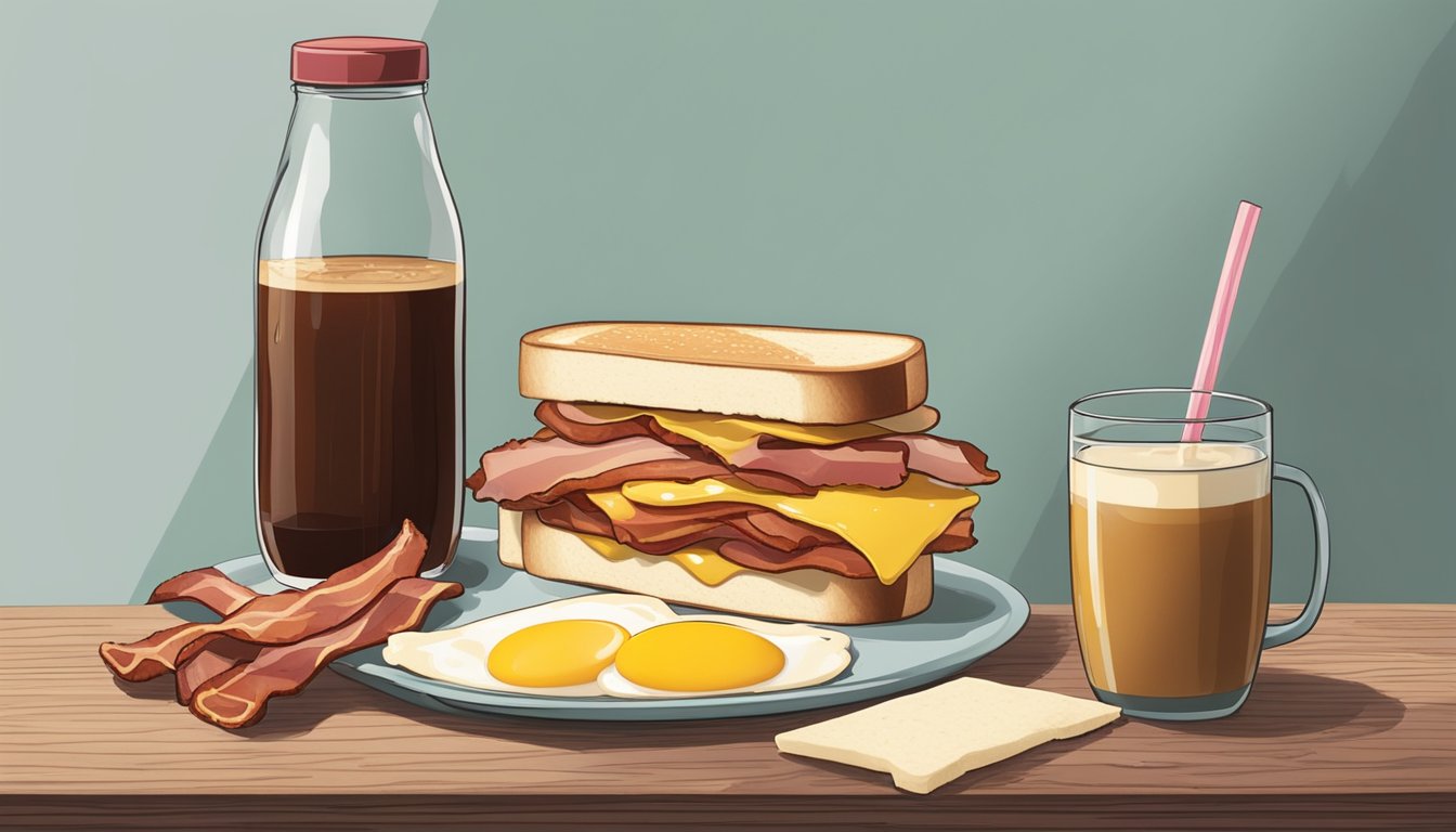 A bacon, Gouda, and egg sandwich sits next to a cold brew on a table