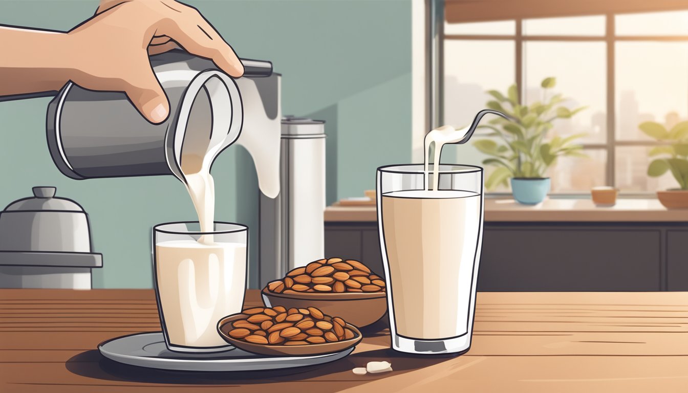 A hand pouring almond milk into a coffee cup, with a carton of whole milk nearby