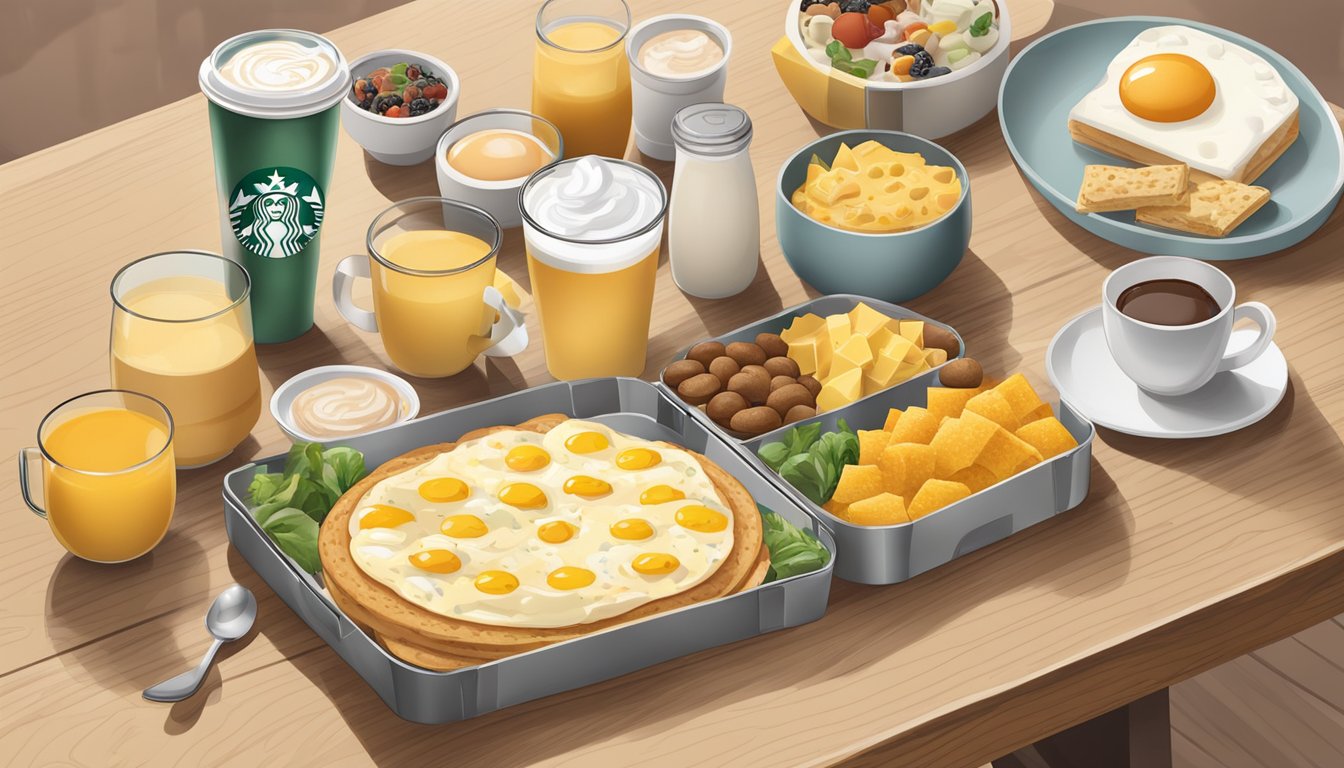 A white Starbucks protein box with egg and cheese, surrounded by a variety of breakfast items on a wooden table