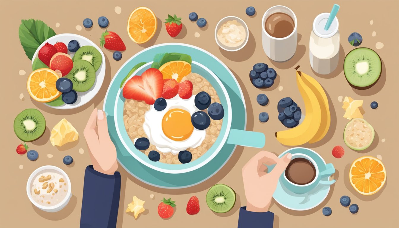 A person holding a cup with a "no sugar" symbol, surrounded by various healthy breakfast items like oatmeal, fruit, and yogurt