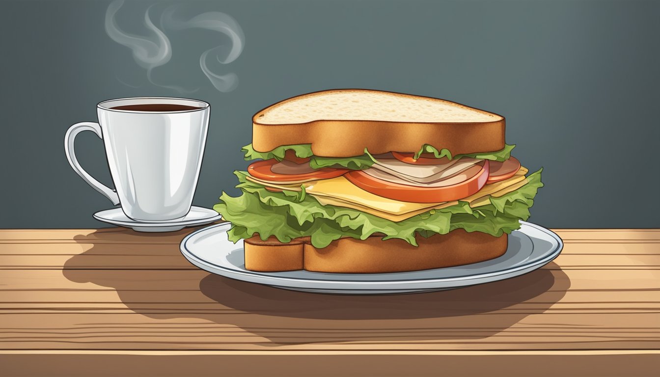 A steaming sandwich and a cup of coffee sit on a wooden table, ready to be enjoyed for breakfast