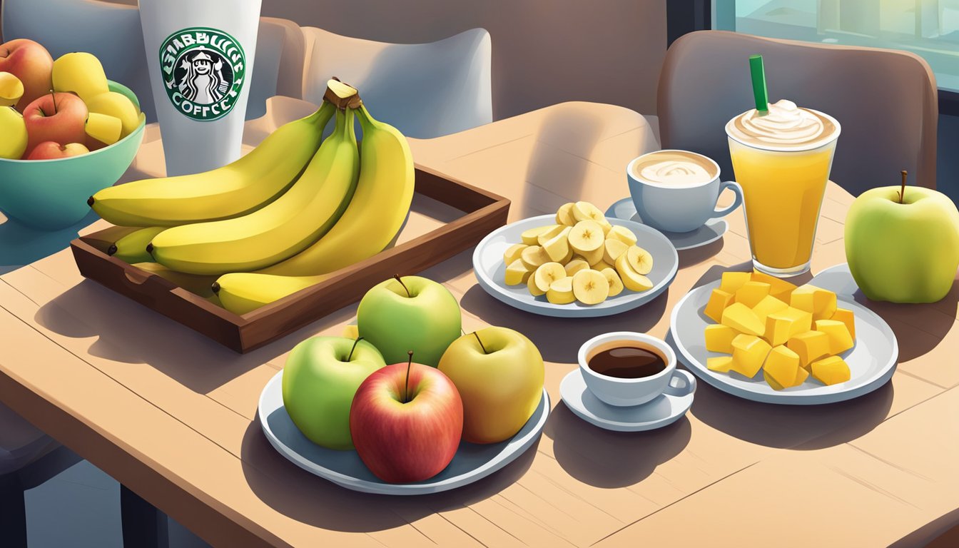 A colorful array of fresh bananas and apples arranged next to a breakfast spread at a Starbucks cafe