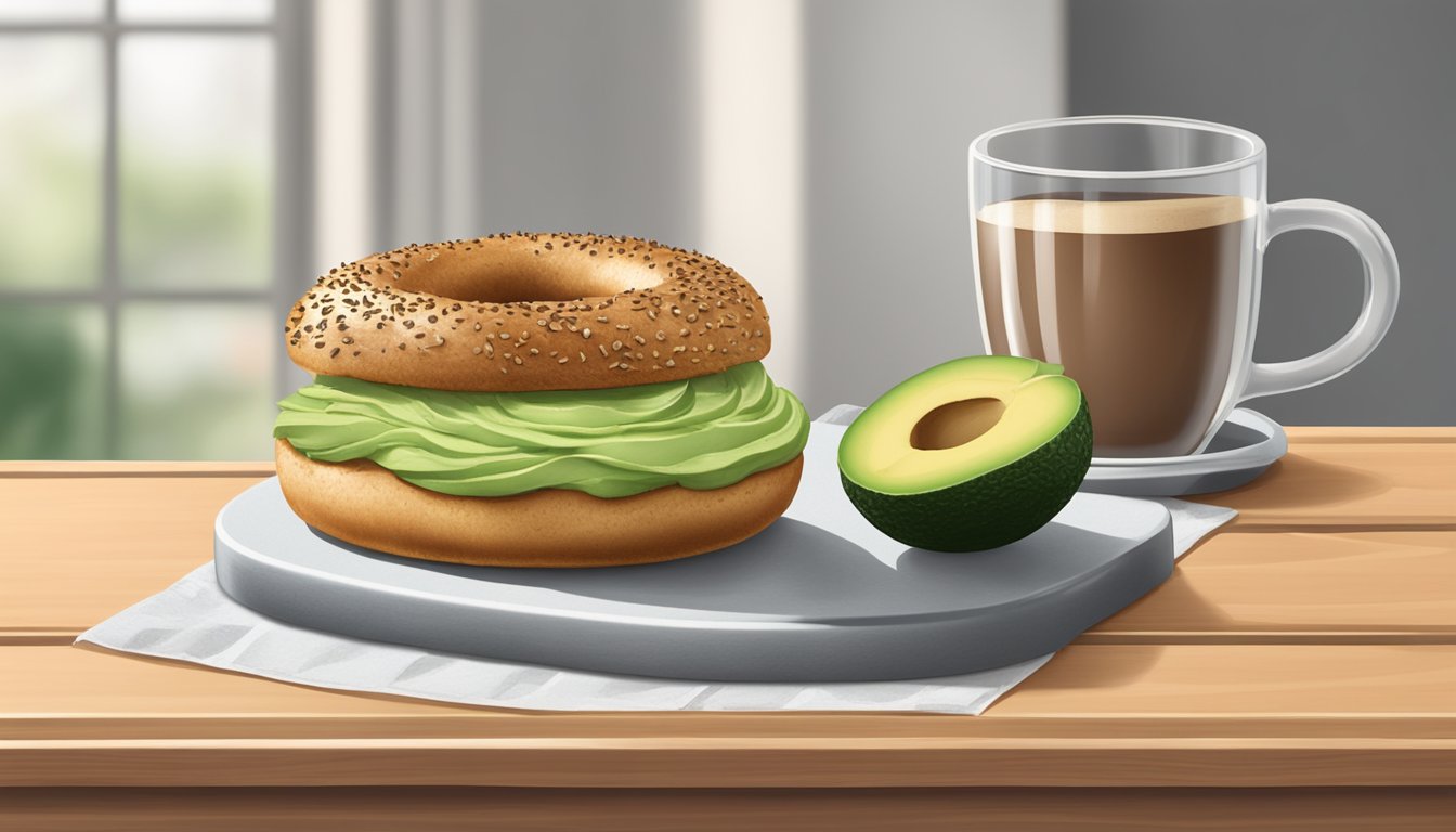 A multigrain bagel topped with avocado spread sits on a wooden cutting board next to a cup of coffee