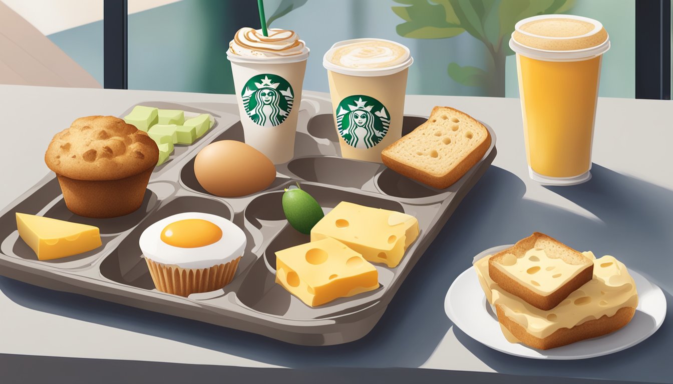 A protein box with eggs, cheese, and fruit replaces a muffin on a tray next to a Starbucks coffee cup