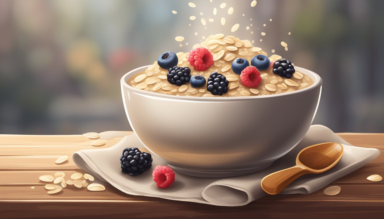 A steaming bowl of classic oatmeal sits on a rustic wooden table, surrounded by a scattering of fresh berries and a drizzle of honey