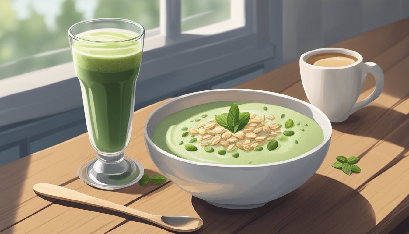 A bowl of oatmeal sits next to a frothy matcha latte on a wooden table, with a spoon resting beside the bowl