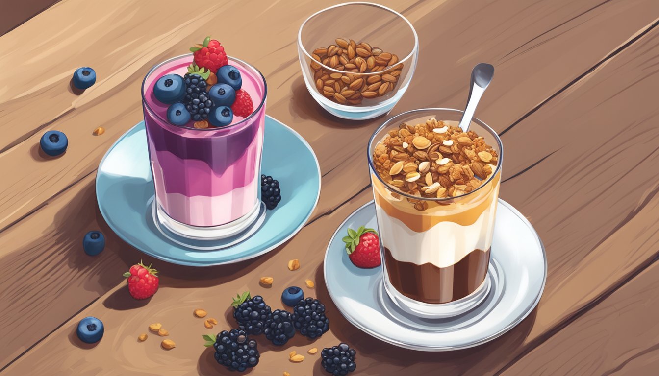 A colorful Berry Trio Yogurt Parfait sits next to a tall glass of Vanilla Sweet Cream Cold Brew on a wooden table, surrounded by fresh berries and a sprinkle of granola