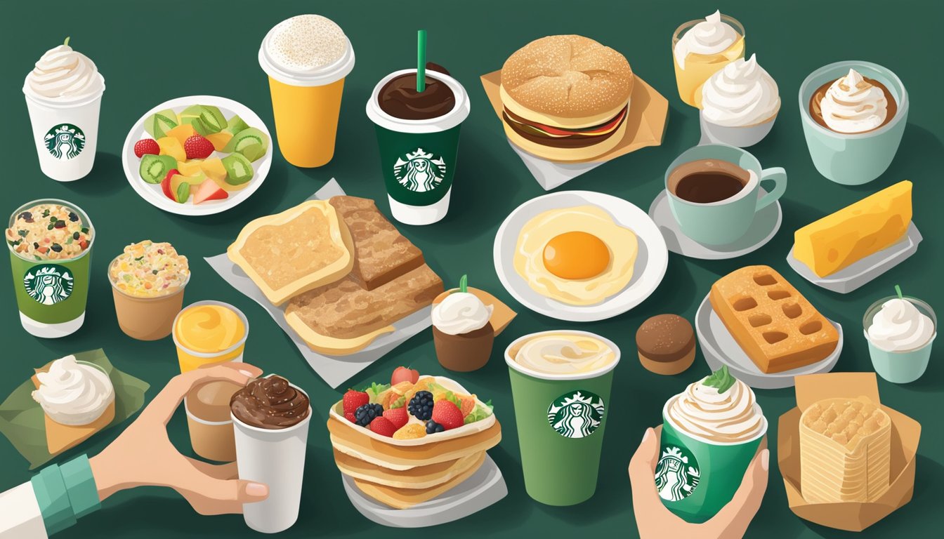 A person holding a Starbucks breakfast order with no whipped cream, surrounded by 12 healthy food items