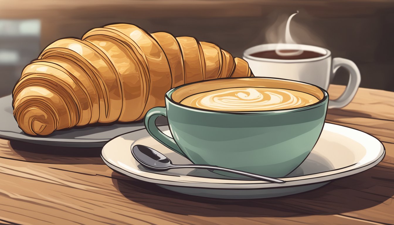 A golden croissant bun filled with ham and Swiss cheese, accompanied by a steaming cup of Starbucks coffee on a rustic wooden table