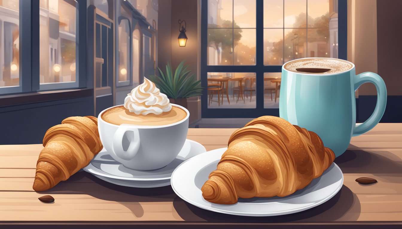 A table set with a flaky almond croissant and a steaming coconut milk latte, surrounded by a cozy café atmosphere