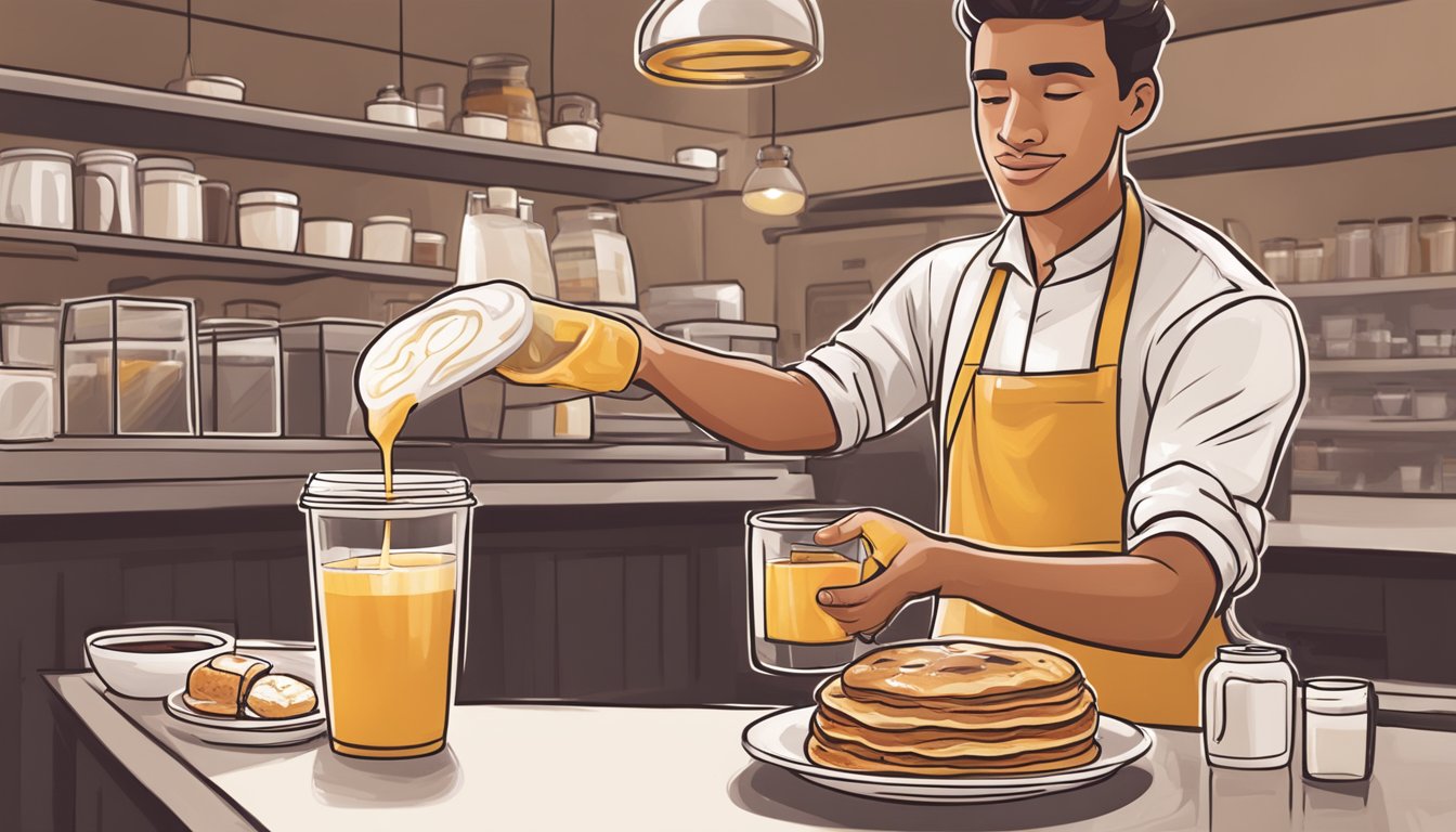 A barista adding a small amount of syrup to a Starbucks breakfast item