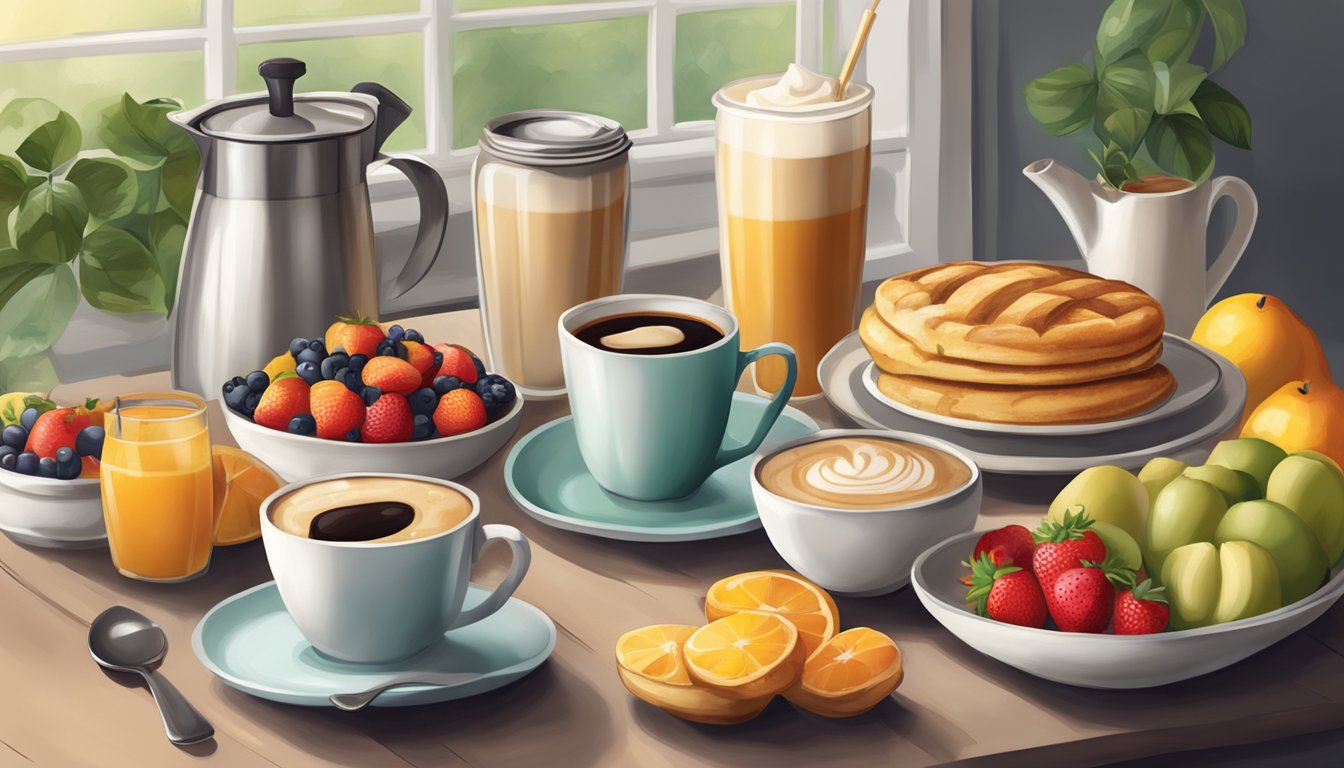 A cozy kitchen table set with a variety of homemade-looking Starbucks breakfast items, surrounded by fresh fruits and a steaming cup of coffee