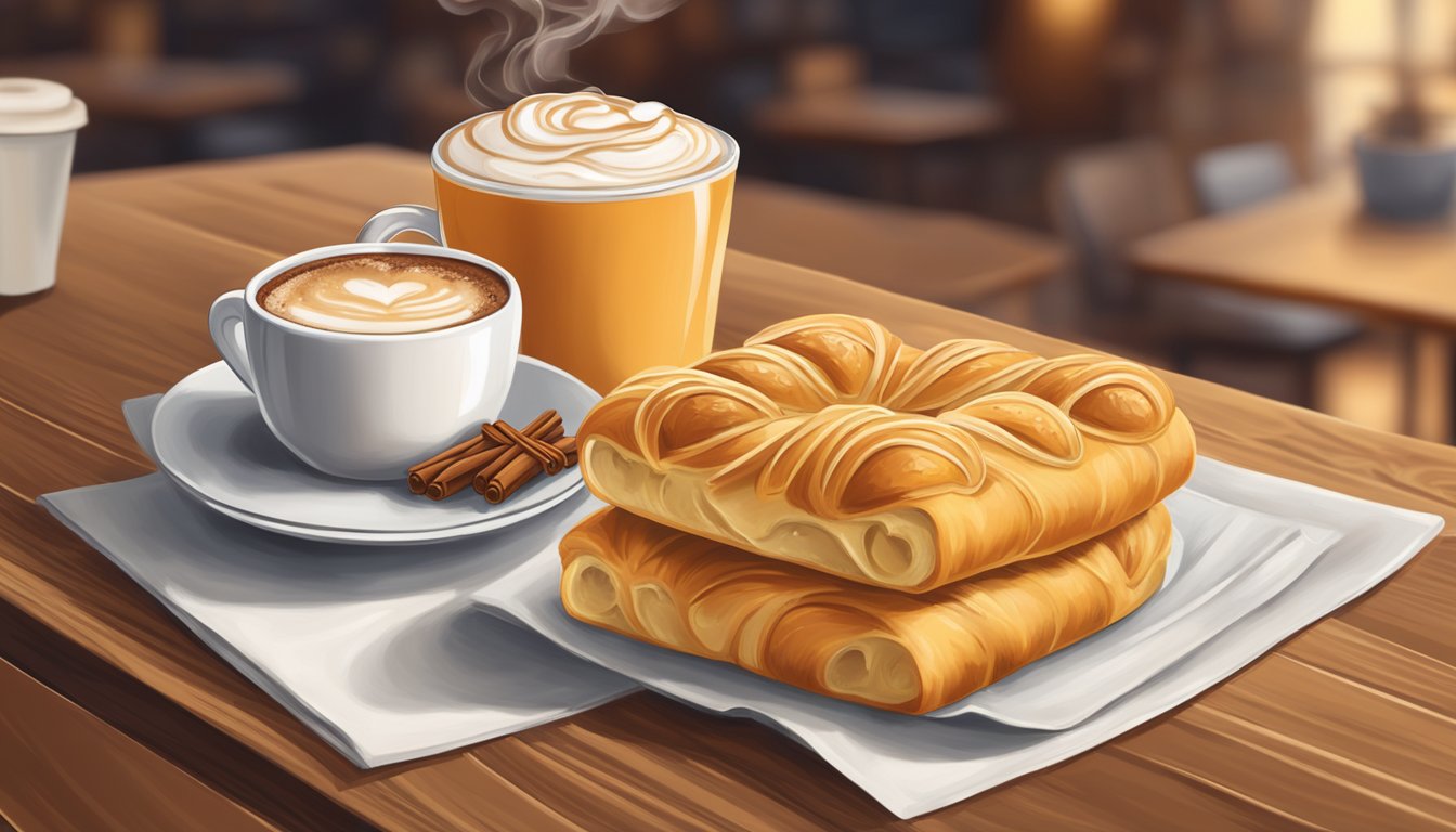 A Cheese Danish sits next to a steaming Pumpkin Spice Latte on a wooden table, surrounded by a cozy coffee shop atmosphere