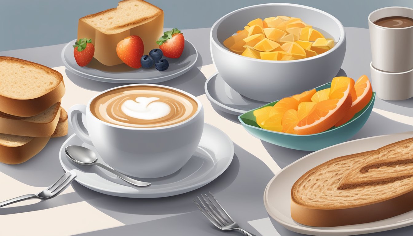 A plain cappuccino sits on a table, surrounded by a spread of healthy breakfast options, such as fruit, yogurt, and whole grain toast