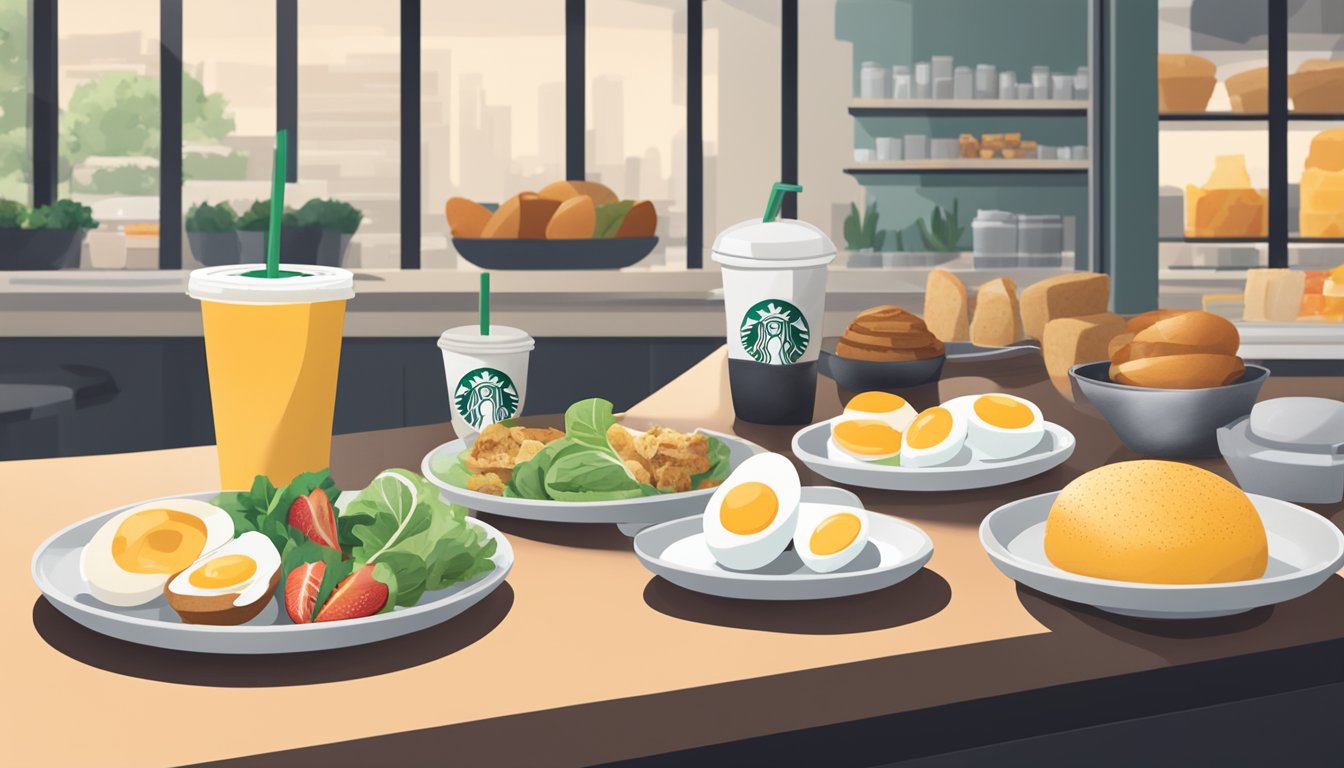 A hard-boiled egg sits on a plate surrounded by a variety of healthy breakfast options at a Starbucks counter