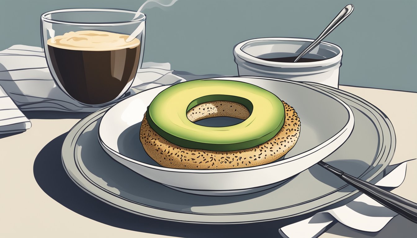 A table set with a plate holding an everything bagel topped with avocado spread, next to a steaming cup of Caffè Americano