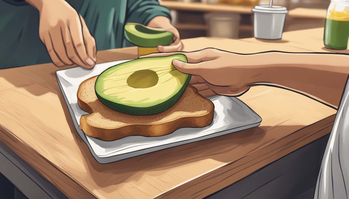 A hand spreading avocado on toast instead of butter at a Starbucks counter