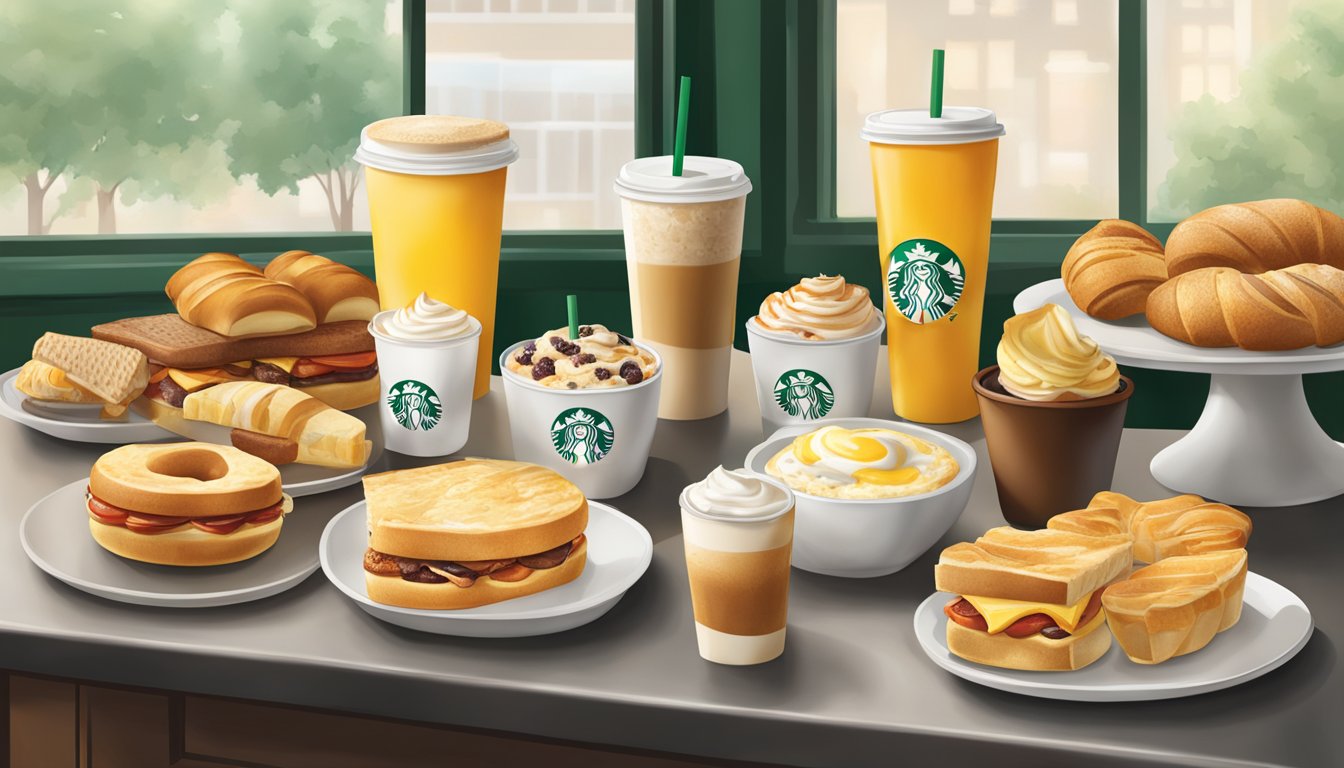 A table with an array of Starbucks breakfast items, including sandwiches, pastries, and drinks, arranged in an appetizing display