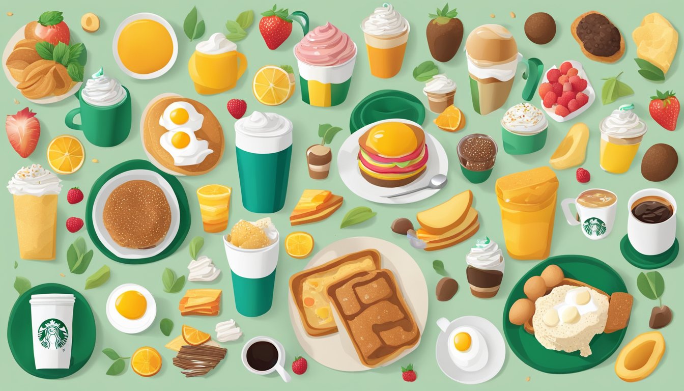 A colorful array of Starbucks breakfast items surrounded by icons representing healthier choices