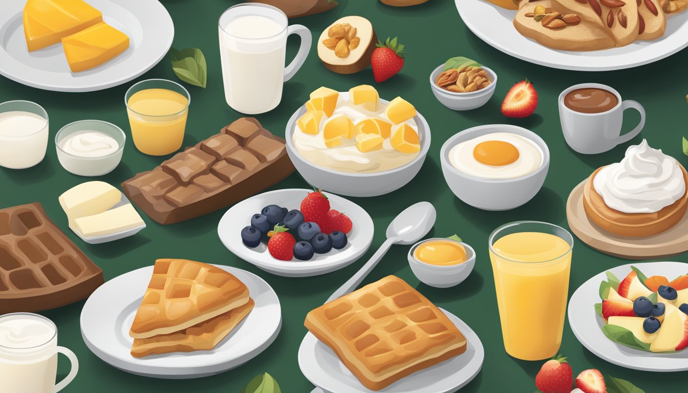 A table set with a variety of balanced breakfast options from Starbucks, including fruits, whole grain pastries, yogurt, and nuts