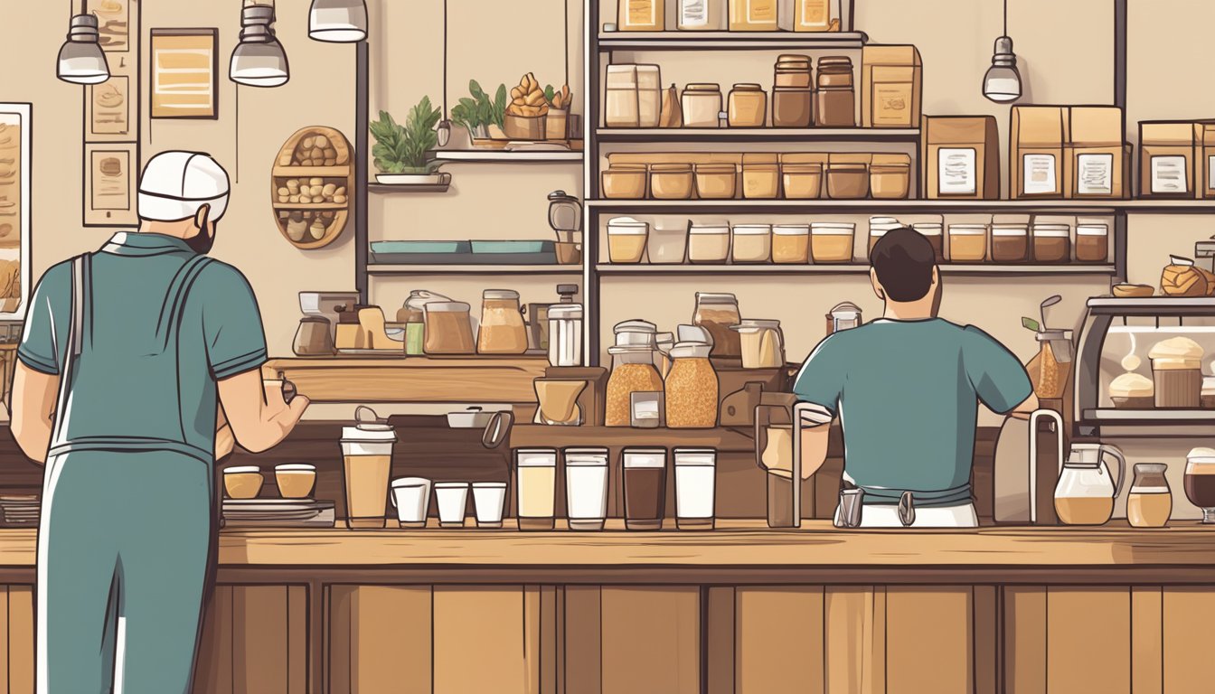 A cozy coffee shop setting with a barista preparing a dairy-free almondmilk honey flat white alongside four other breakfast options on a wooden counter