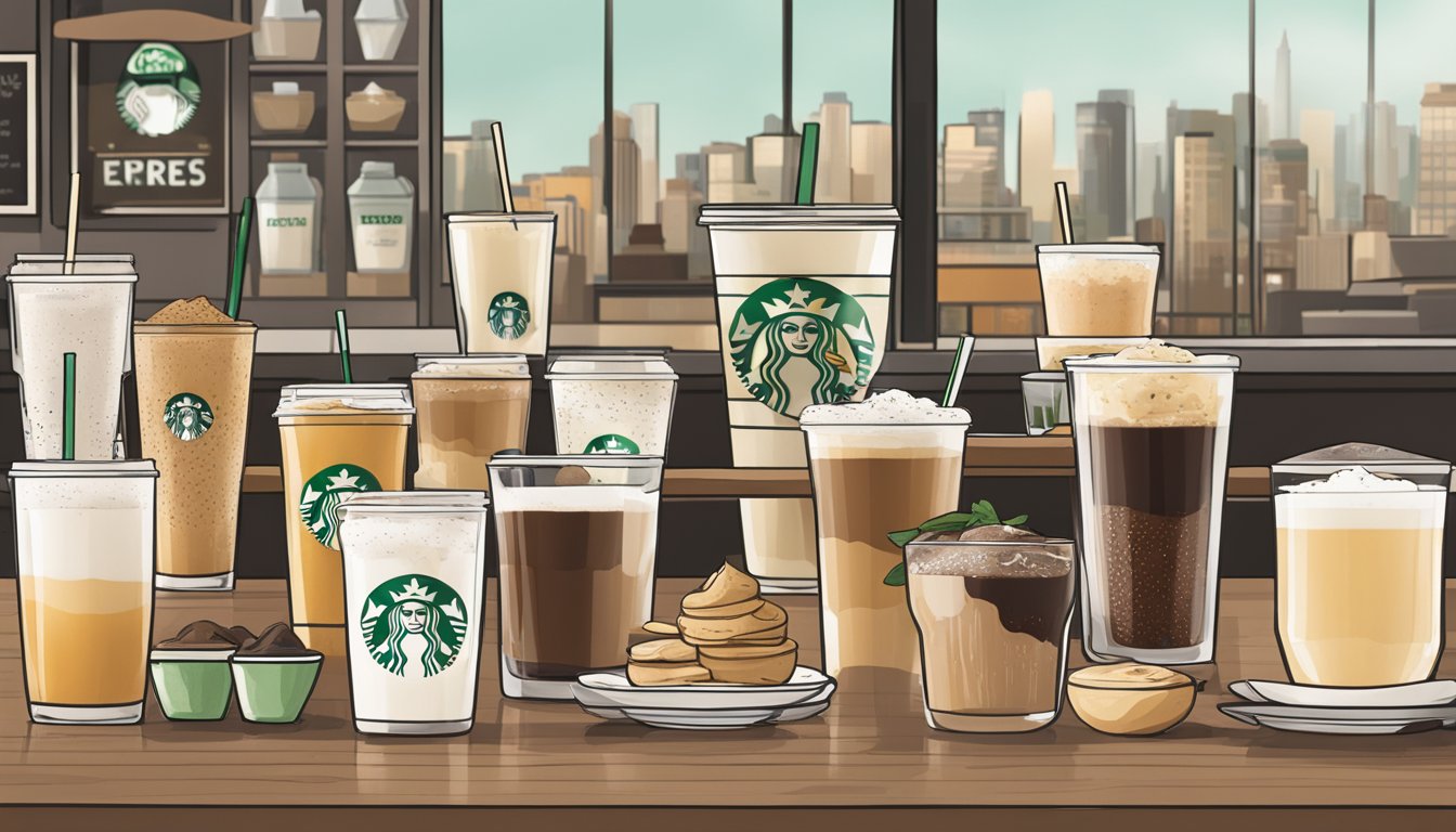 A table with 12 different beverage options at Starbucks, each customized with healthier ingredients like almond milk, sugar-free syrups, and extra shots of espresso