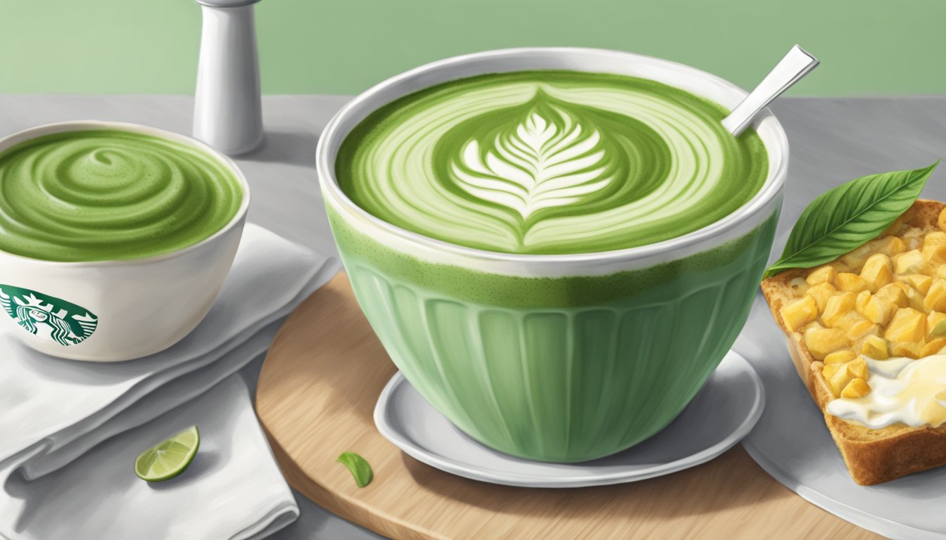 A vibrant green matcha latte sits on a table next to a bowl of dairy-free breakfast options at Starbucks, with coconut milk and fresh ingredients