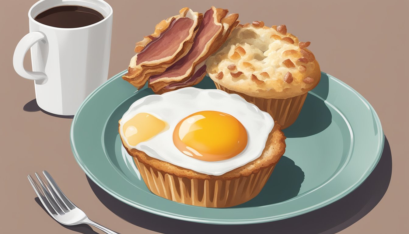 A breakfast muffin sits on a plate, with turkey bacon and egg white visible between the halves. A cup of coffee is nearby