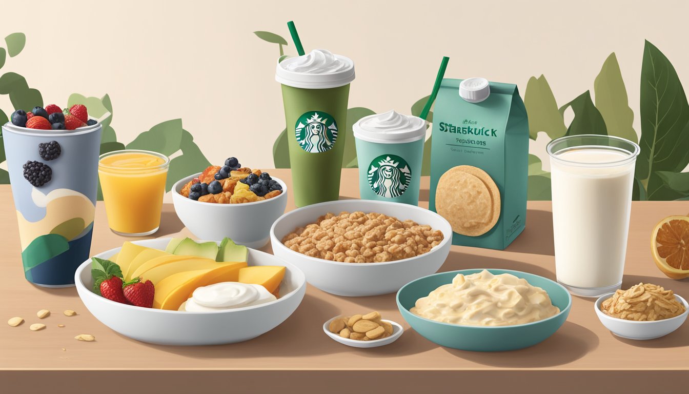 A table with a variety of dairy-free breakfast items from Starbucks, including oatmeal, fruit, and plant-based protein options