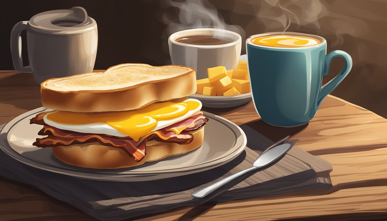 A sizzling double-smoked bacon, cheddar, and egg sandwich on a toasted bun, accompanied by a steaming cup of coffee, set on a rustic wooden table