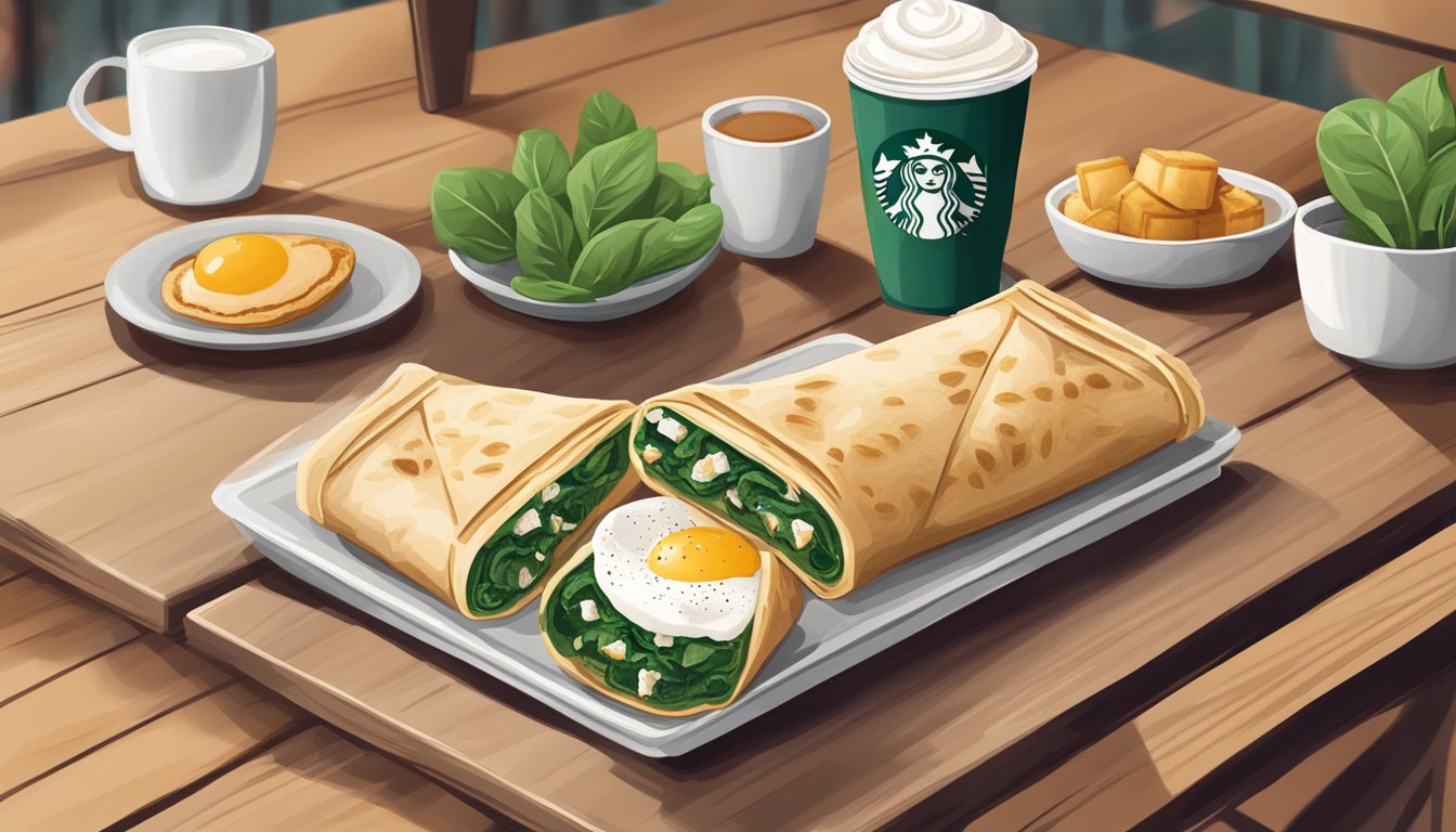 A colorful spinach, feta, and egg white wrap surrounded by coffee and a pastry on a wooden table at a Starbucks cafe