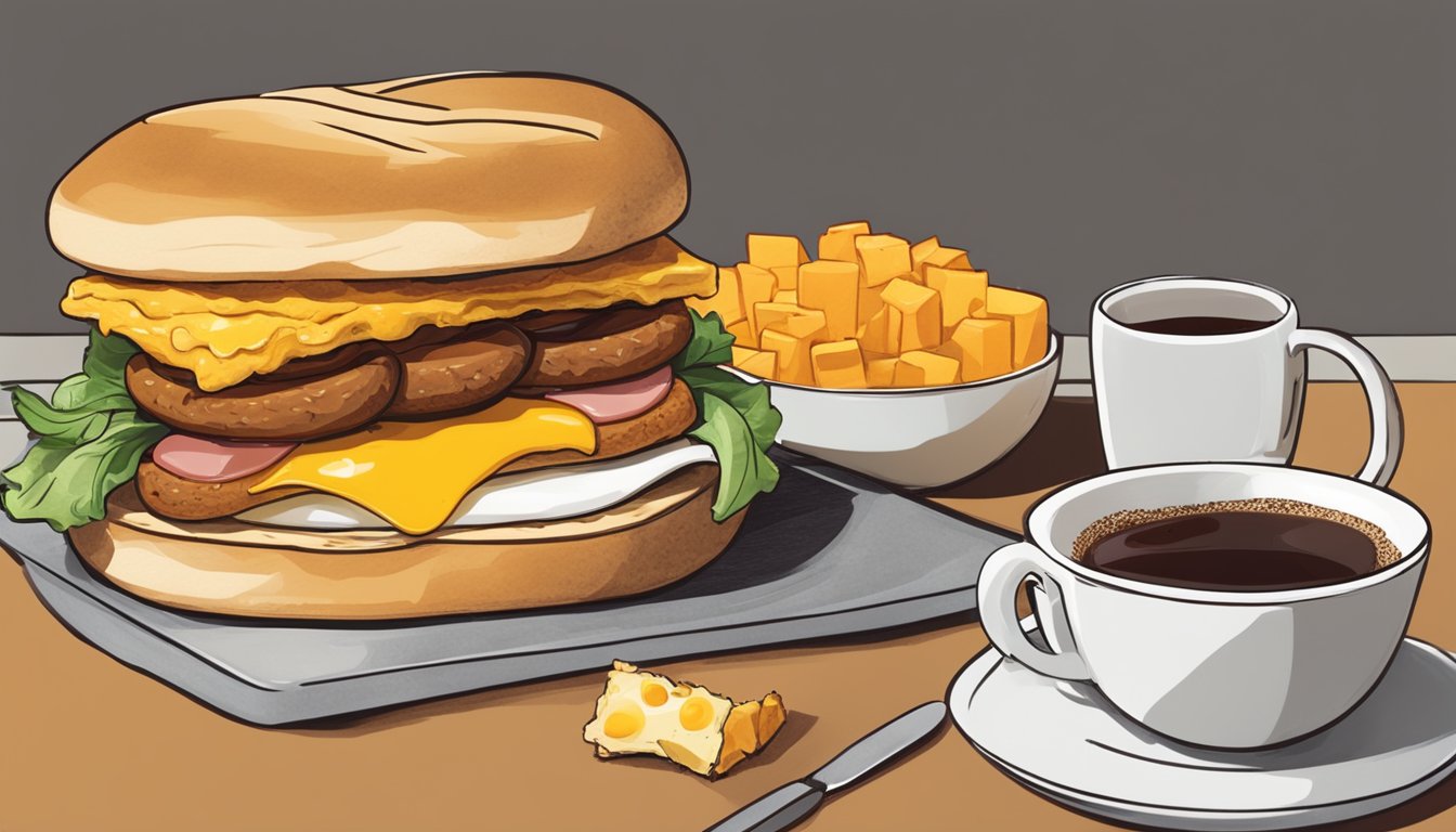 A breakfast sandwich with sausage, cheddar, and egg on a toasted bun, alongside a coffee cup and a pastry, sits on a table