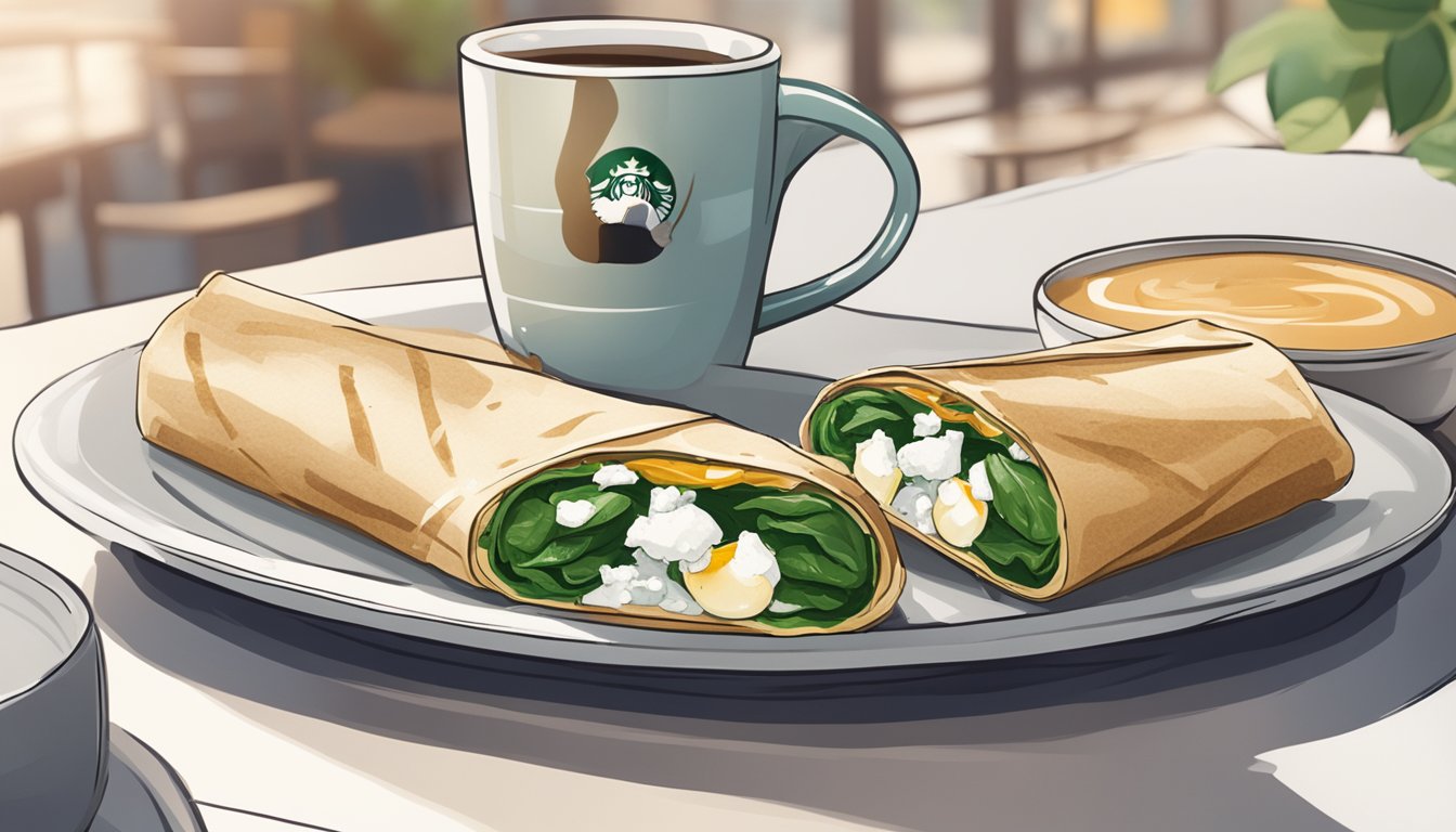 A colorful spinach, feta, and egg white wrap sits on a white plate next to a steaming cup of coffee, surrounded by a cozy Starbucks cafe ambiance