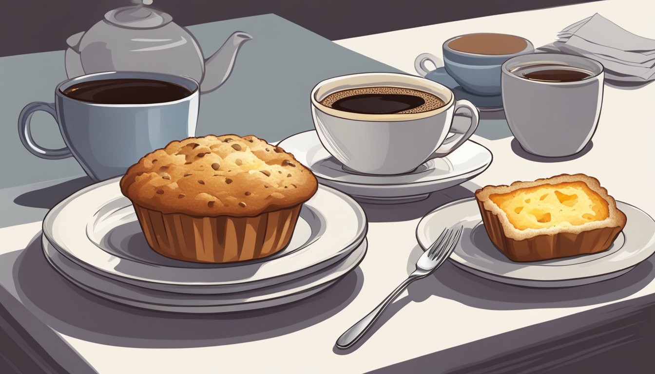 A breakfast muffin surrounded by a cup of coffee, a napkin, and a small plate