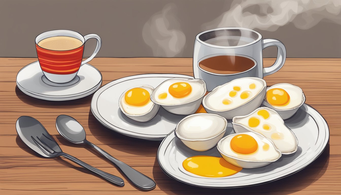 A plate of egg white and roasted red pepper sous vide egg bites sits next to a steaming cup of coffee on a wooden table