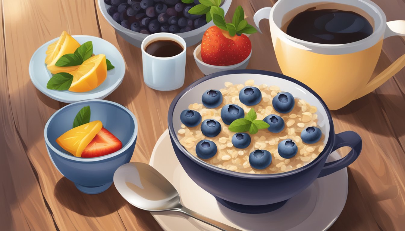 A steaming bowl of blueberry oatmeal sits on a wooden table, surrounded by a cup of coffee and a fresh fruit salad