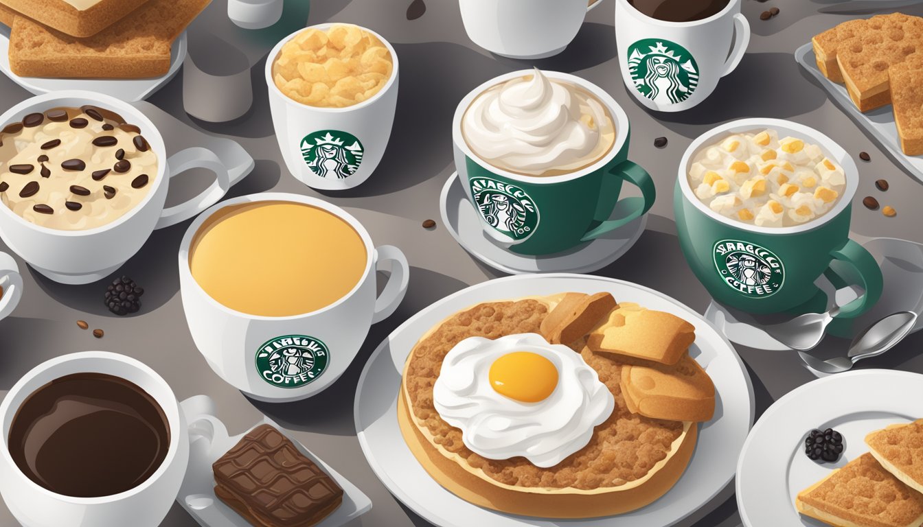 A table set with a variety of Starbucks breakfast items, including oatmeal, yogurt parfaits, and breakfast sandwiches, surrounded by steaming coffee cups