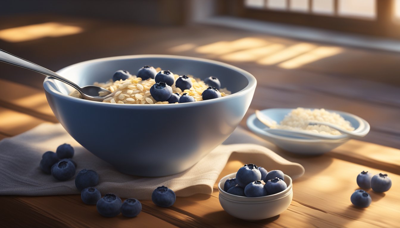 A steaming bowl of blueberry oatmeal sits on a rustic wooden table, surrounded by fresh blueberries and a spoon. Sunlight streams in through a nearby window, casting a warm glow over the scene