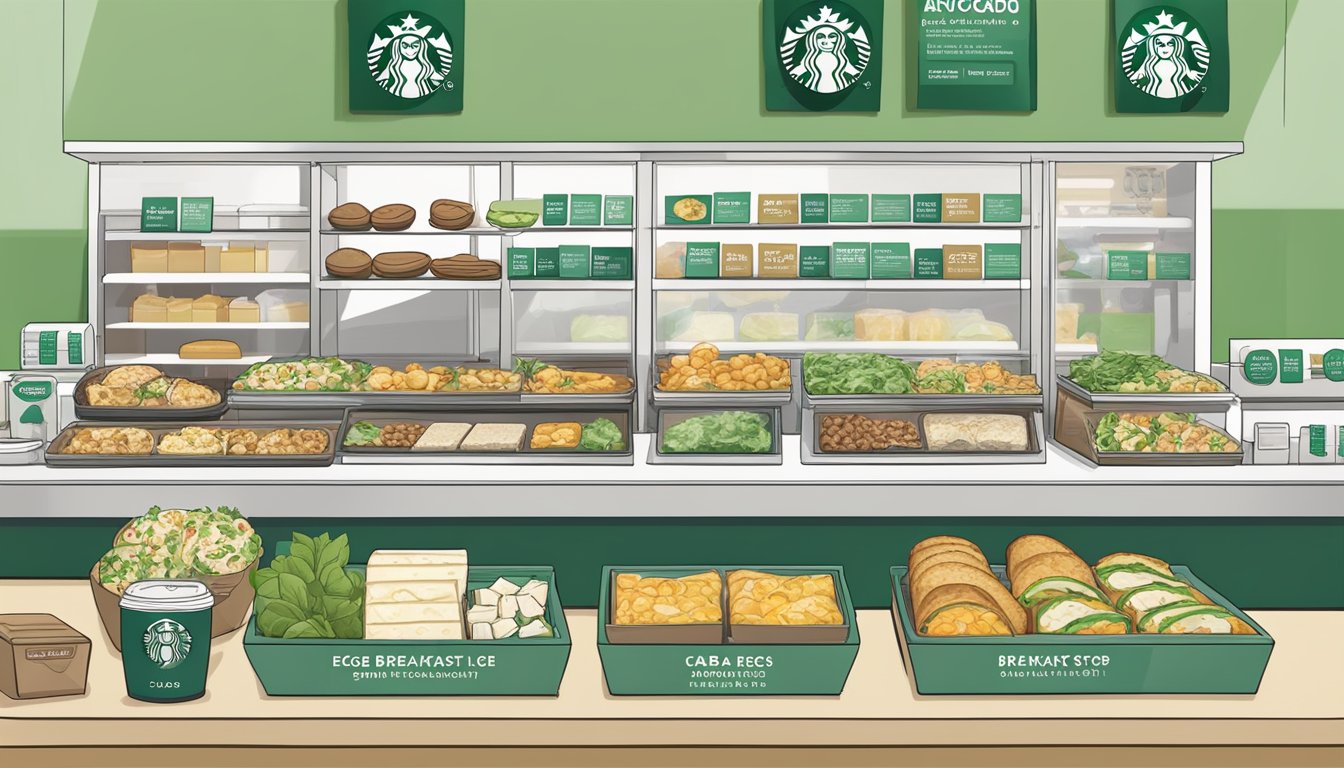 A colorful display of low-carb breakfast options at a Starbucks counter, including avocado egg bites, spinach and feta wrap, and a protein box with nuts and cheese