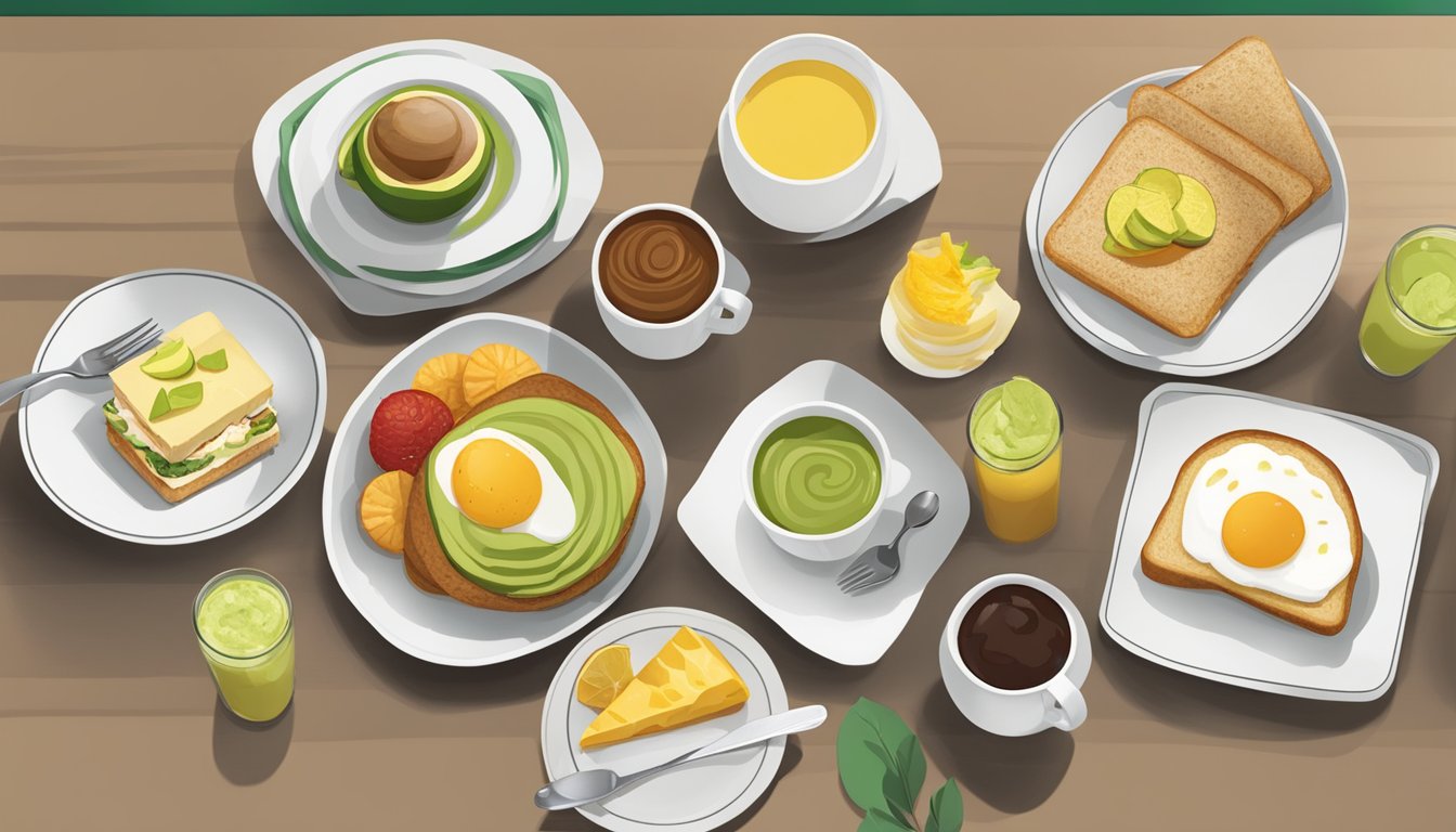 A table with a variety of breakfast options at Starbucks, including a colorful avocado spread, arranged neatly on white plates