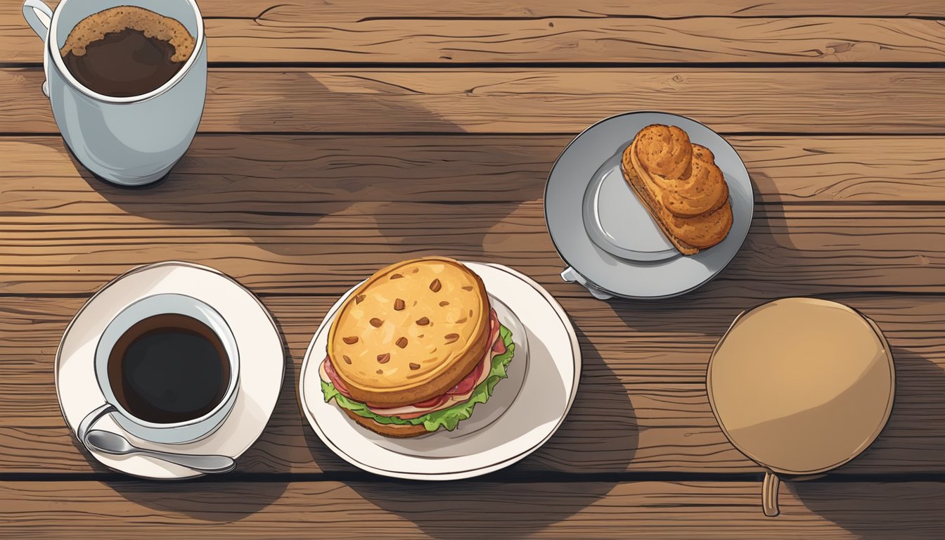 A steaming biscuit sandwich with chicken sausage and bacon sits on a rustic wooden table next to a steaming cup of coffee