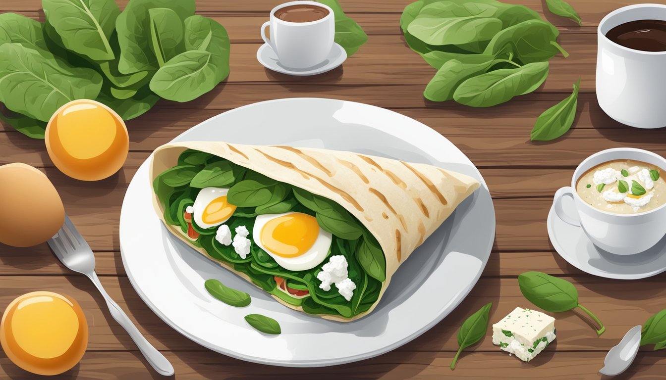 A colorful spinach and feta wrap with fluffy egg whites sits on a wooden table, surrounded by fresh ingredients and a steaming cup of coffee