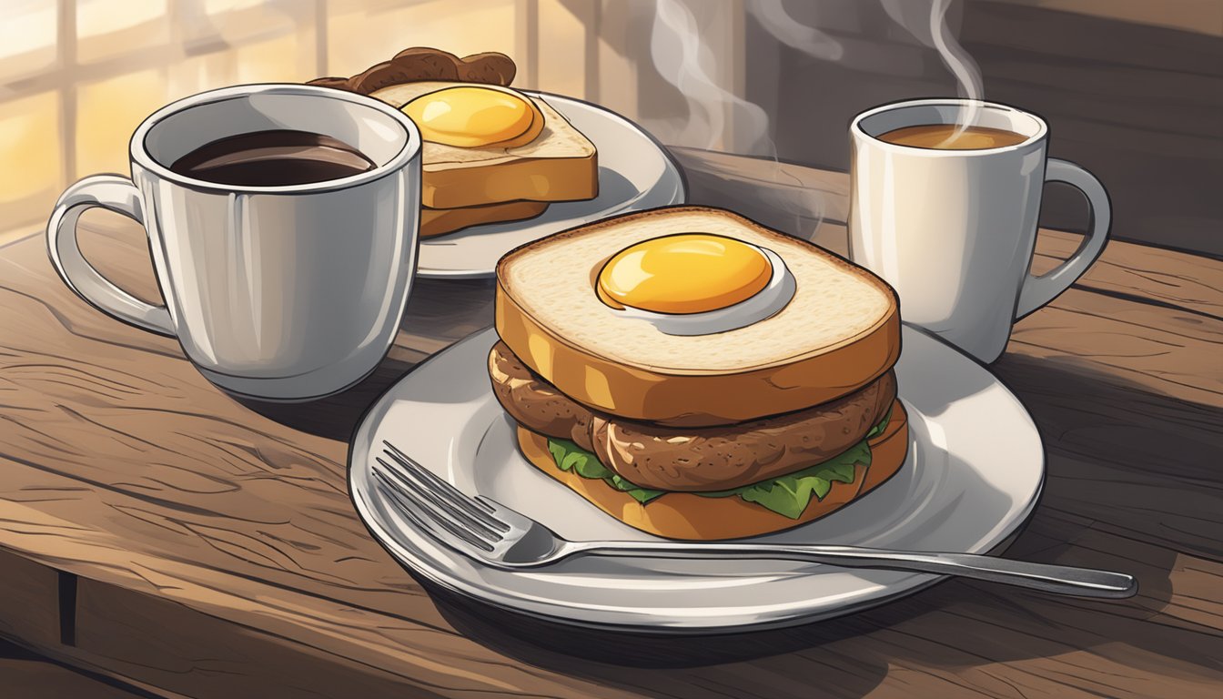 A freshly grilled sausage, cheddar, and egg sandwich sits on a rustic wooden table next to a steaming cup of coffee, ready to be enjoyed for breakfast