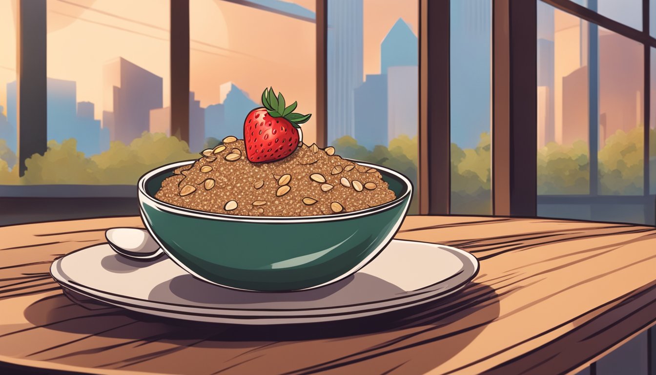 A bowl of overnight grains topped with almond butter and strawberries sits on a wooden table, surrounded by a cozy Starbucks cafe atmosphere